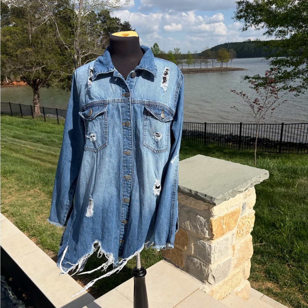 Distressed Denim Shirt Dress Raw Hem Button Front Boho Festival XL